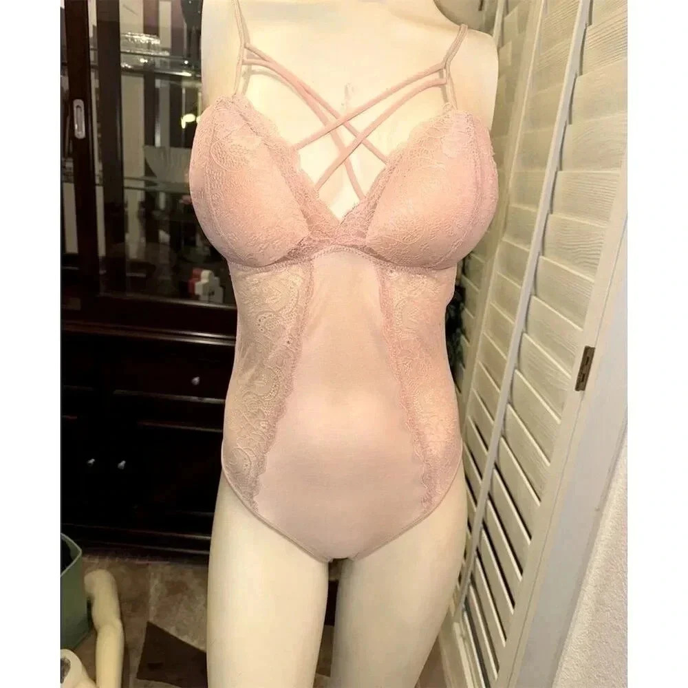 Kathy blush Lace and mesh Bodysuit Lingerie padded Push-Up teddy size S-M